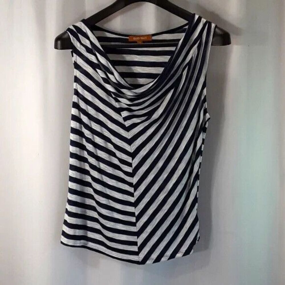 Ellen Tracy size large striped blue gray semi sheer top *